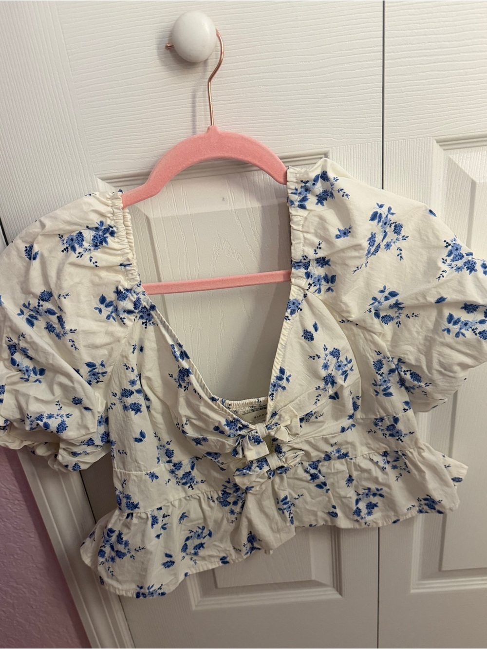 Blue & White Floral Puff Sleeve Bow Front Peplum Blouse XL
